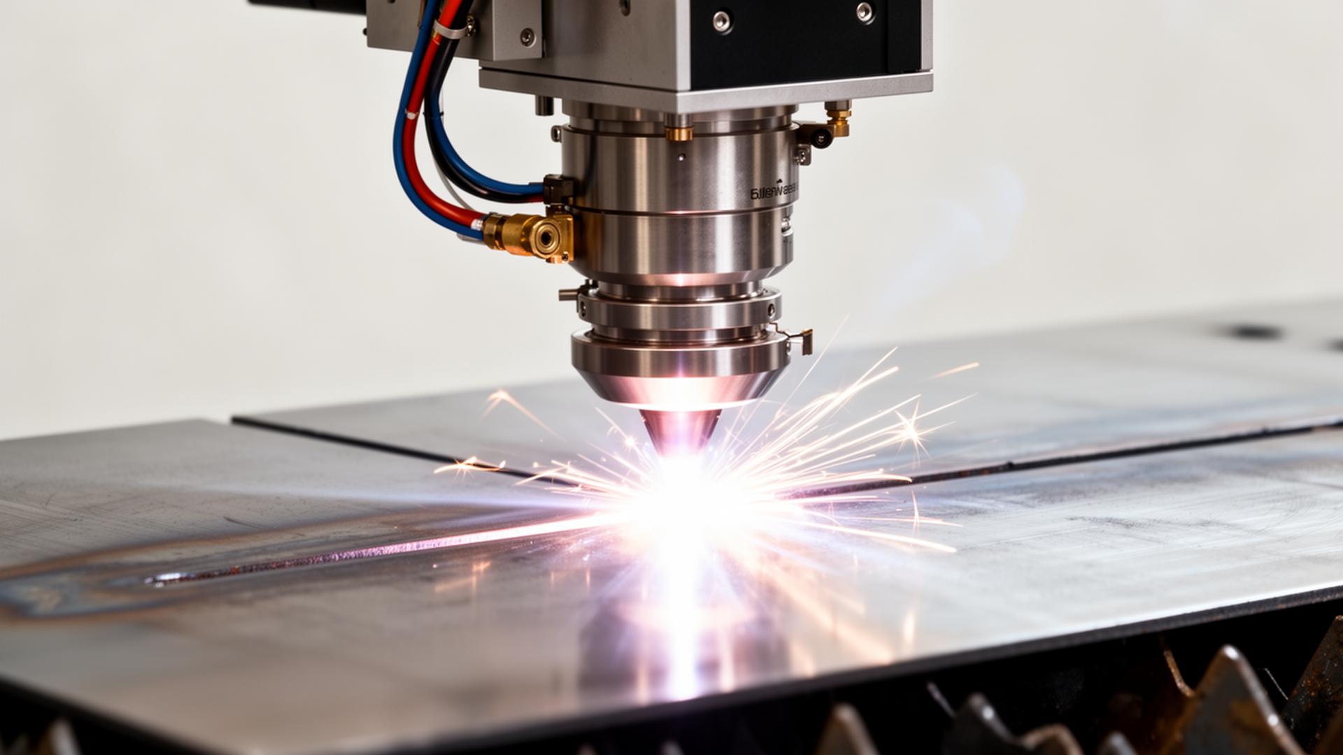 Industrial fiber laser cutting steel in a North American fabrication shop